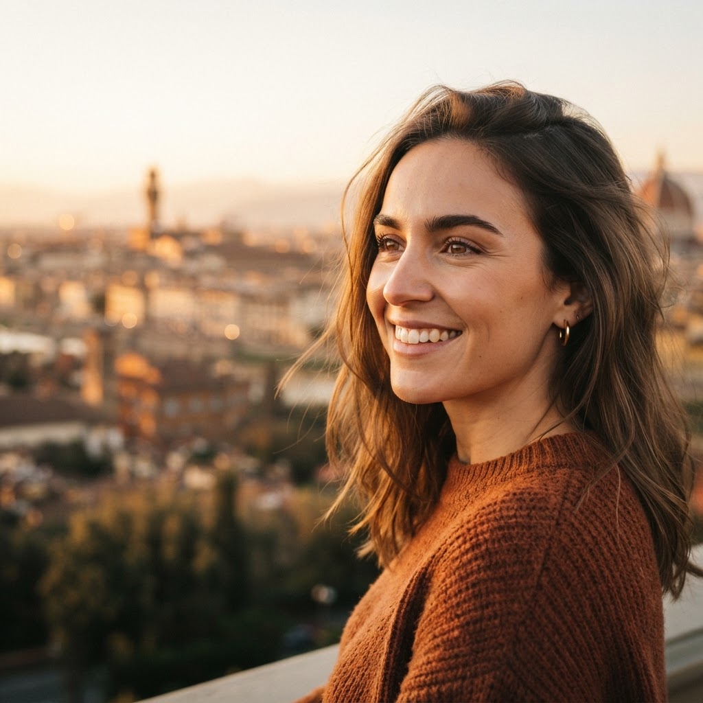 A traveler looking toward a distant city
