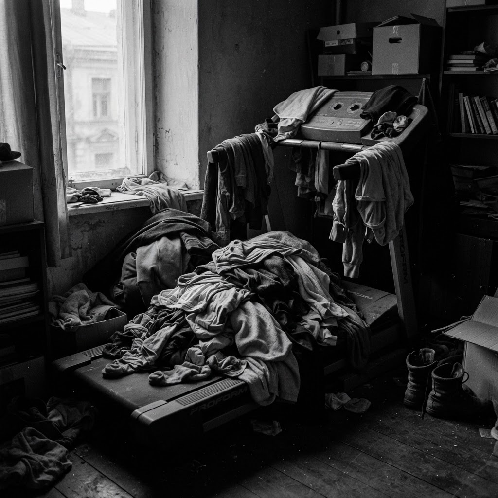 A treadmill buried under piles of laundry